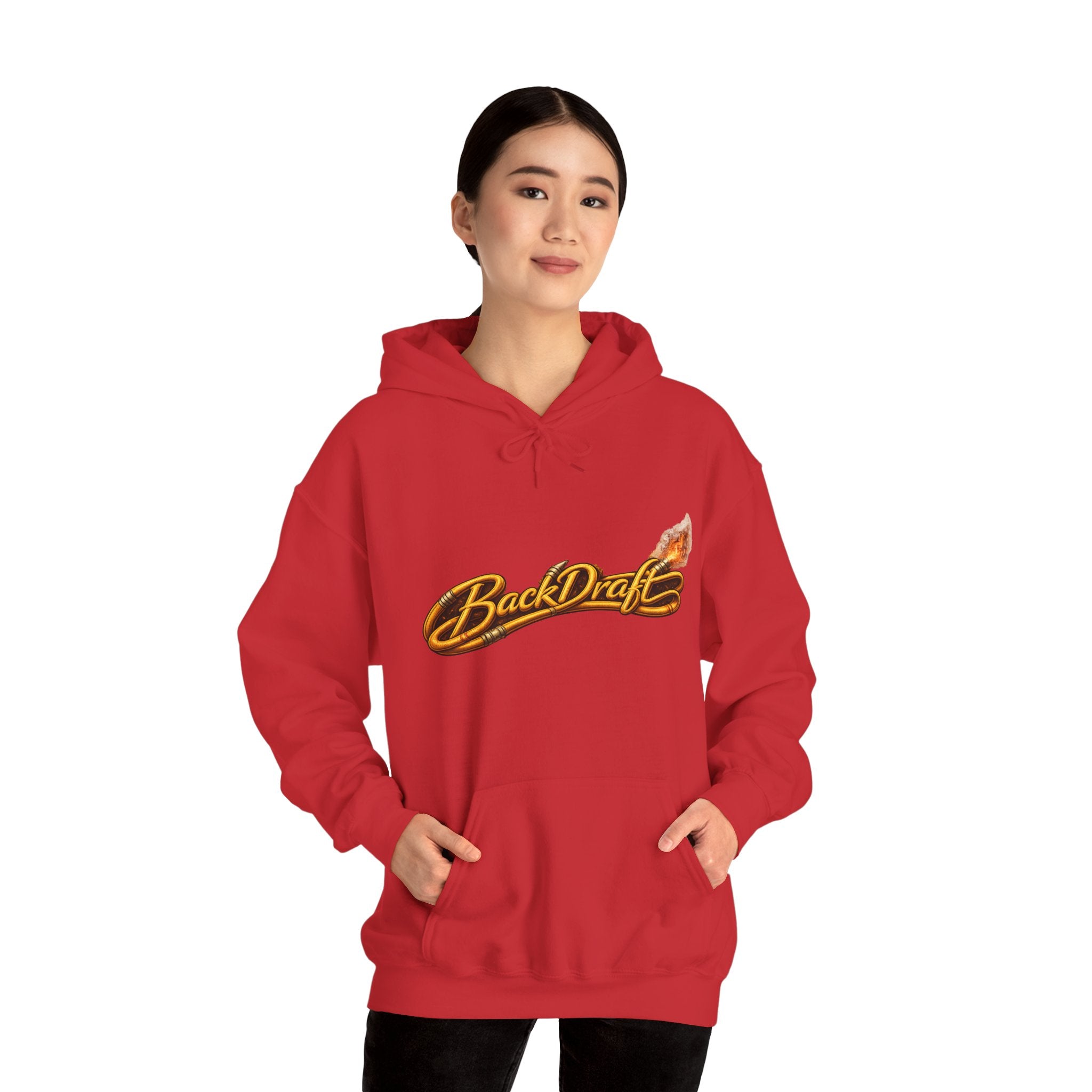 BackDraft Logo Hoodie — Retro Flame Script Pullover