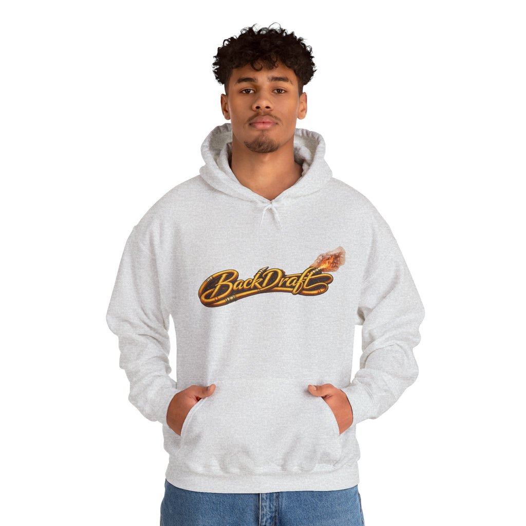 BackDraft Logo Hoodie — Retro Flame Script Pullover
