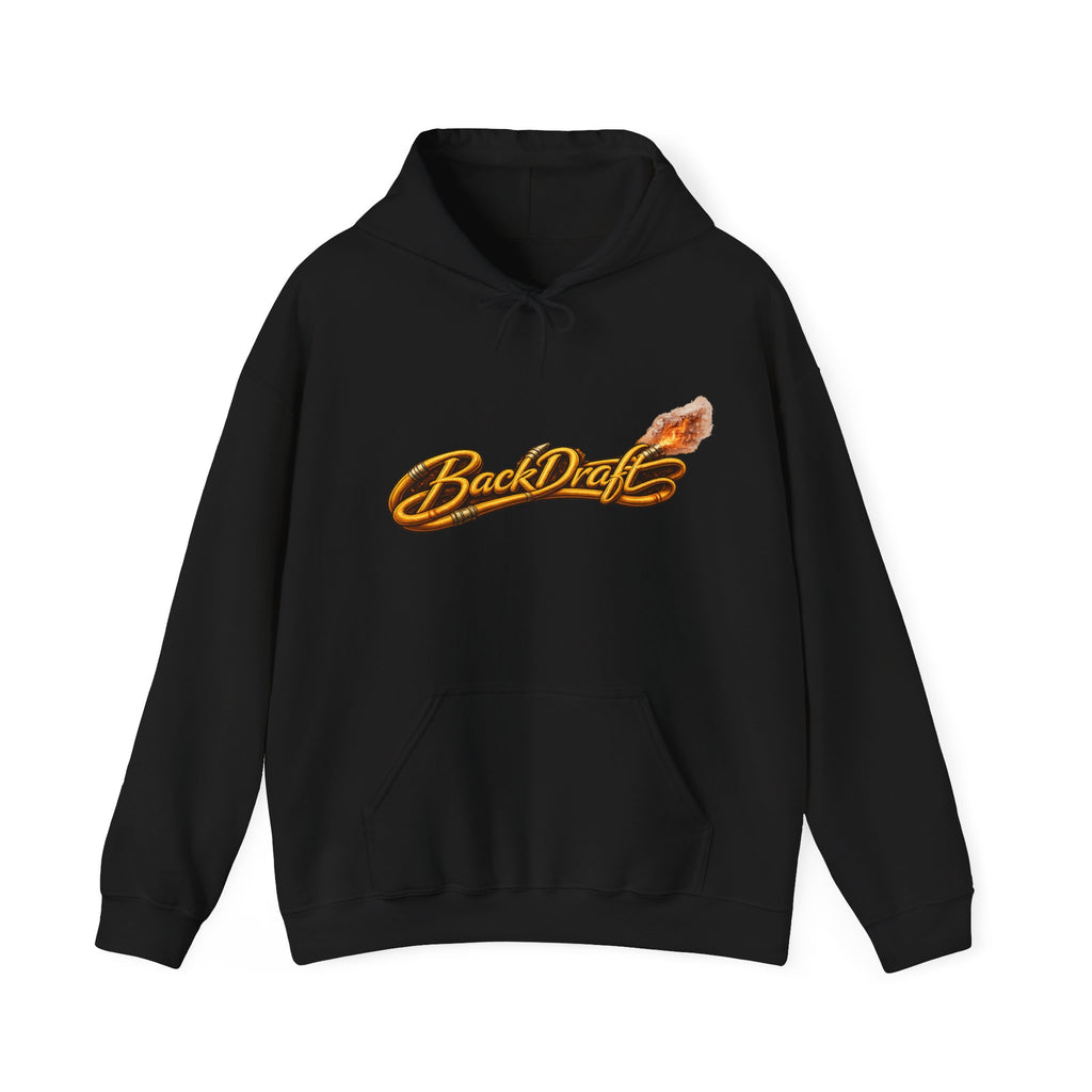 BackDraft Logo Hoodie — Retro Flame Script Pullover