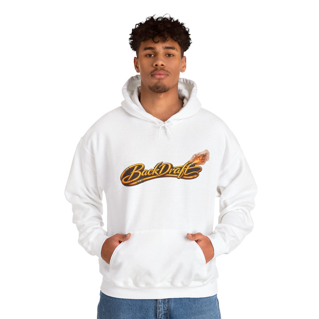 BackDraft Logo Hoodie — Retro Flame Script Pullover
