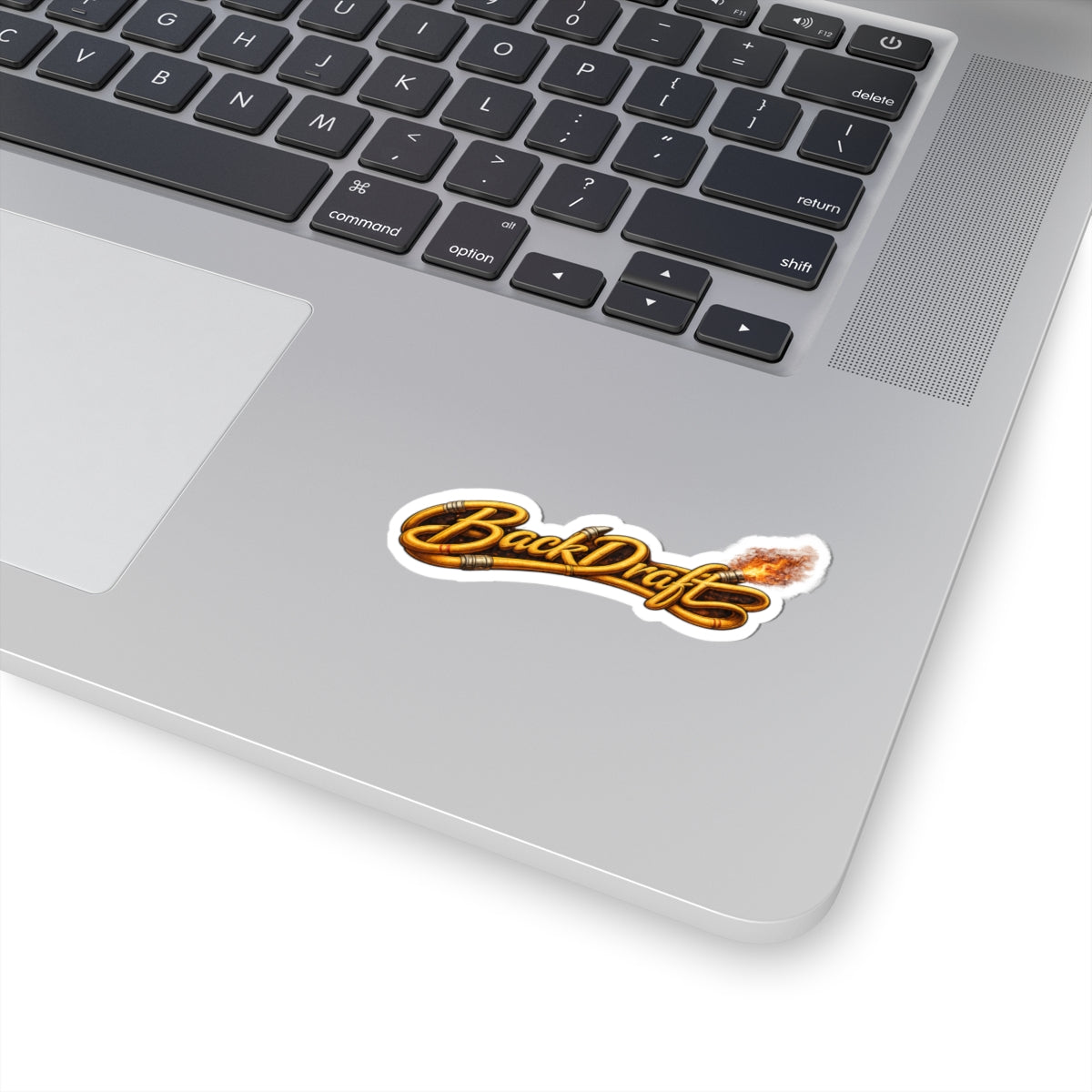 BackDraft Fire Logo Sticker — Kiss-Cut Flame Decal for Laptops & Gear