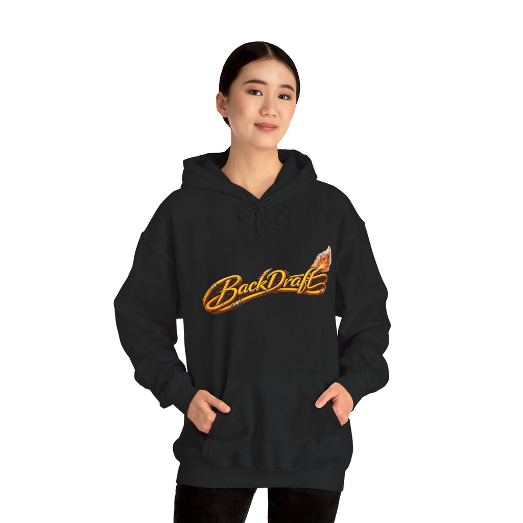 BackDraft Logo Hoodie — Retro Flame Script Pullover