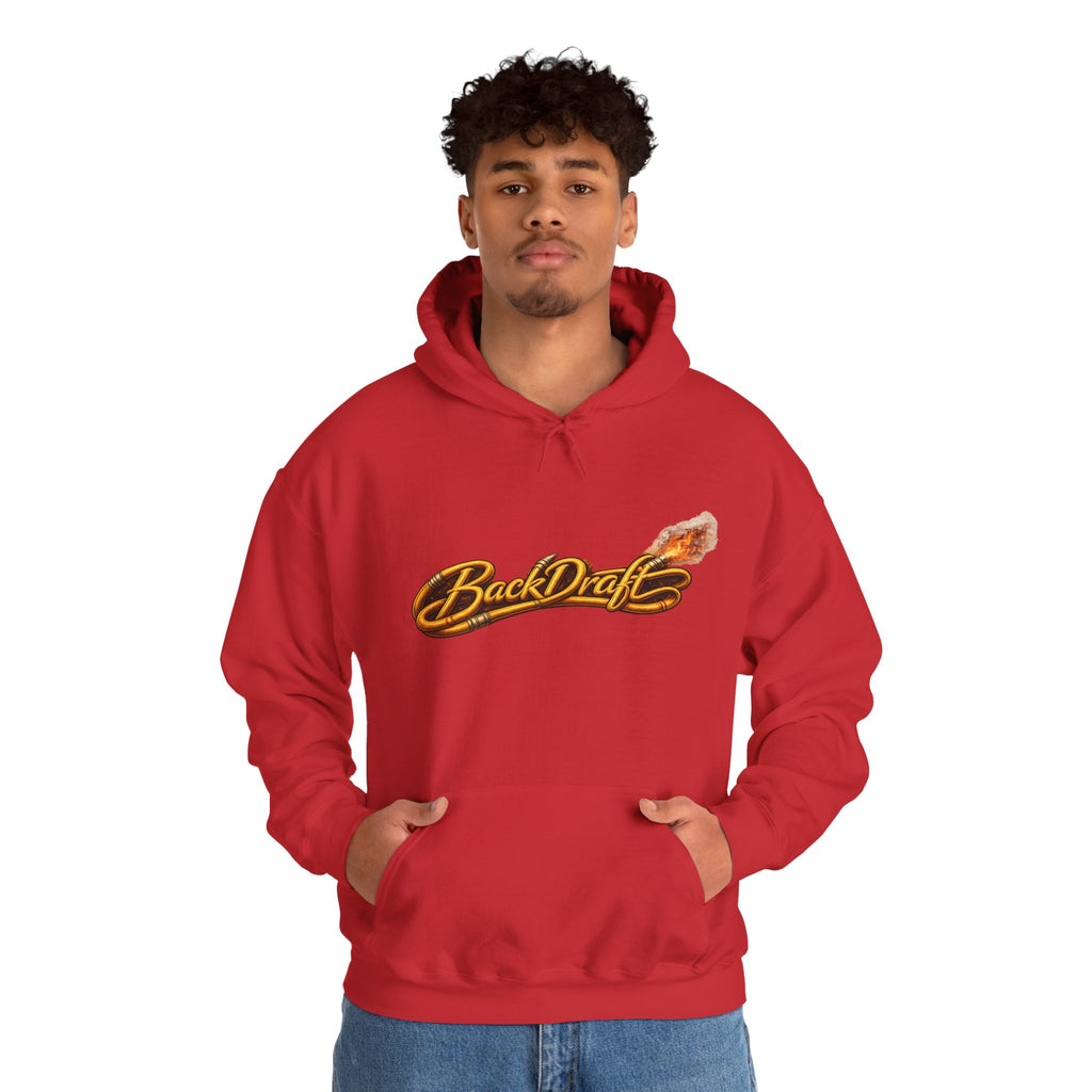 BackDraft Logo Hoodie — Retro Flame Script Pullover